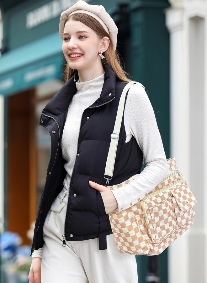 PainZieteg Checkered Tote Bag Bow Bag With Multi Pocket Women Girls Crossbody Corduroy Handbags Purse Work Travel, Brown Plaid Print - Image 2